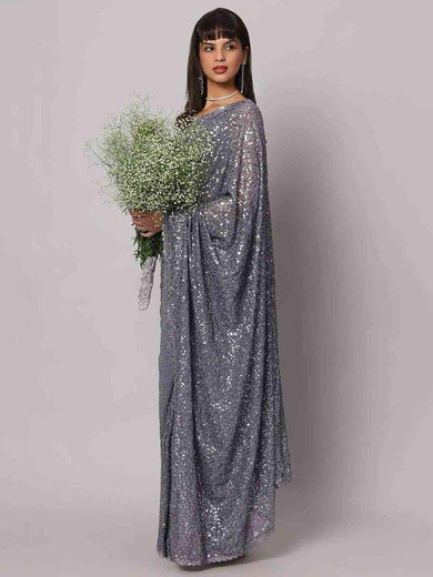 Attractive Grey Sequins Georgette Cocktail Party Wear Saree With Blouse